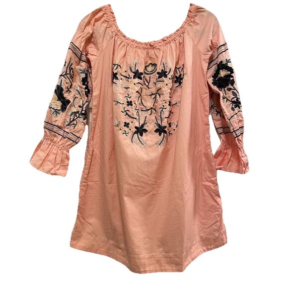 FREE PEOPLE Pink/Peach Fleur Du Jour Embroidered Cotton Shift Mini Dress Sz L - Picture 4 of 11